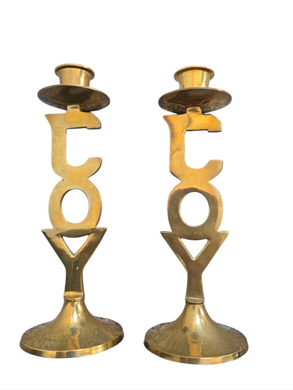 Vintage INTERNATIONAL SILVER CO. Christmas Candle Holders 8" Joy Solid Brass